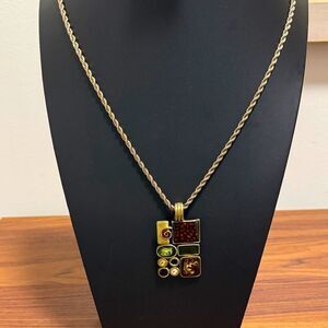 Vintage Premier Designs Antique Brass Mosaic Style Pendant/Enhancer on Chain.